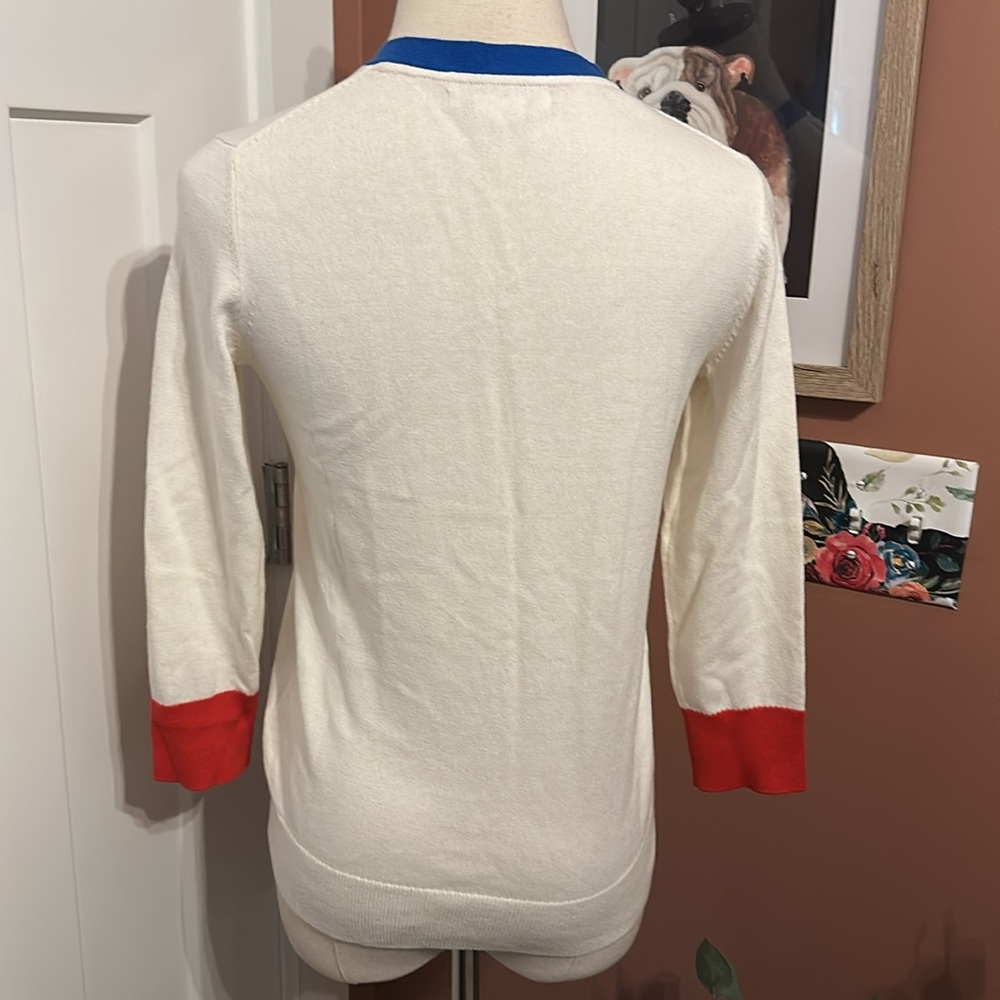 Boden winter white red blue 3/4 sleeves cotton wool fitted deep vneck 2 sweater - Picture 9 of 15
